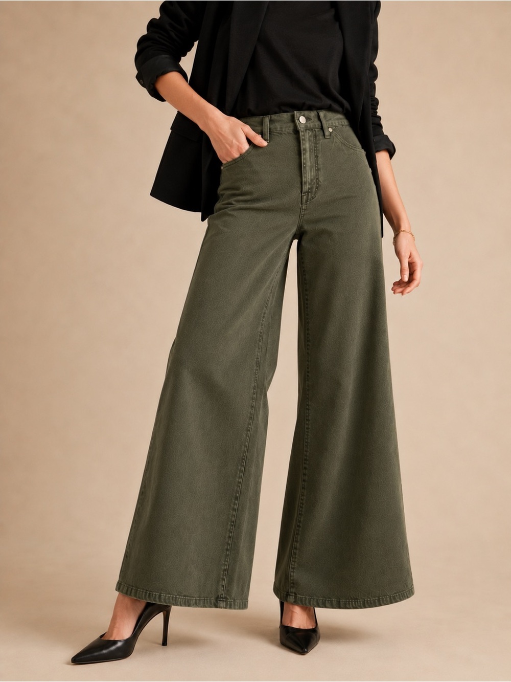 Good American Good Waist High Rise Loose Wide Leg Palazzo Jeans Olive Green NWT